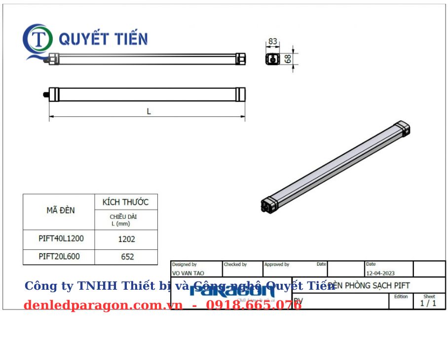 Kích thước của Đèn phòng sạch PIFT20L600